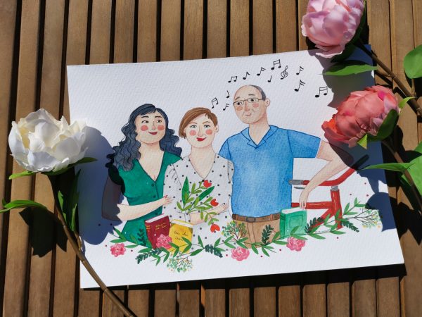 Retrato de pareja con hija y flores