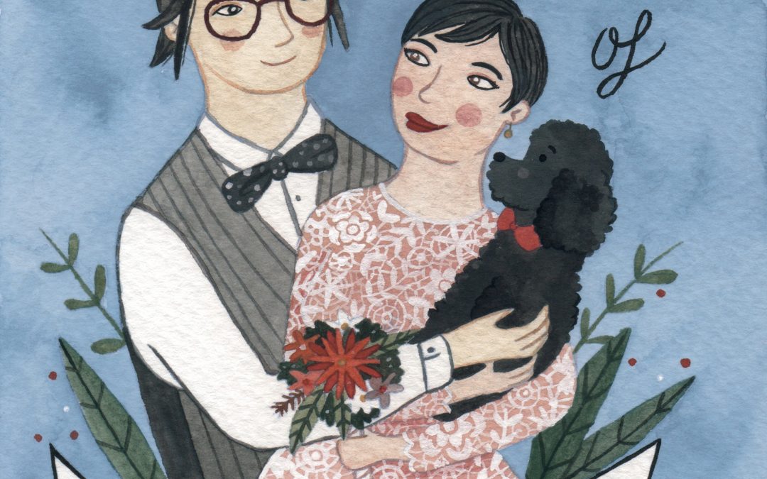 Invitación de boda ilustrada con perro Jaehoon and Mallory