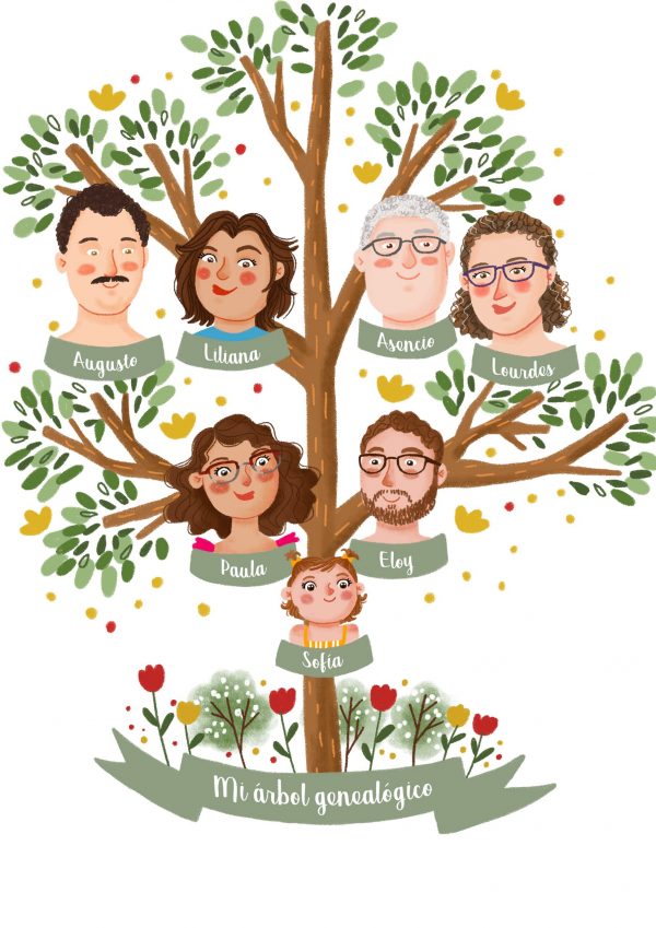 ilustración personalizada retrato familiar arbol genealogico