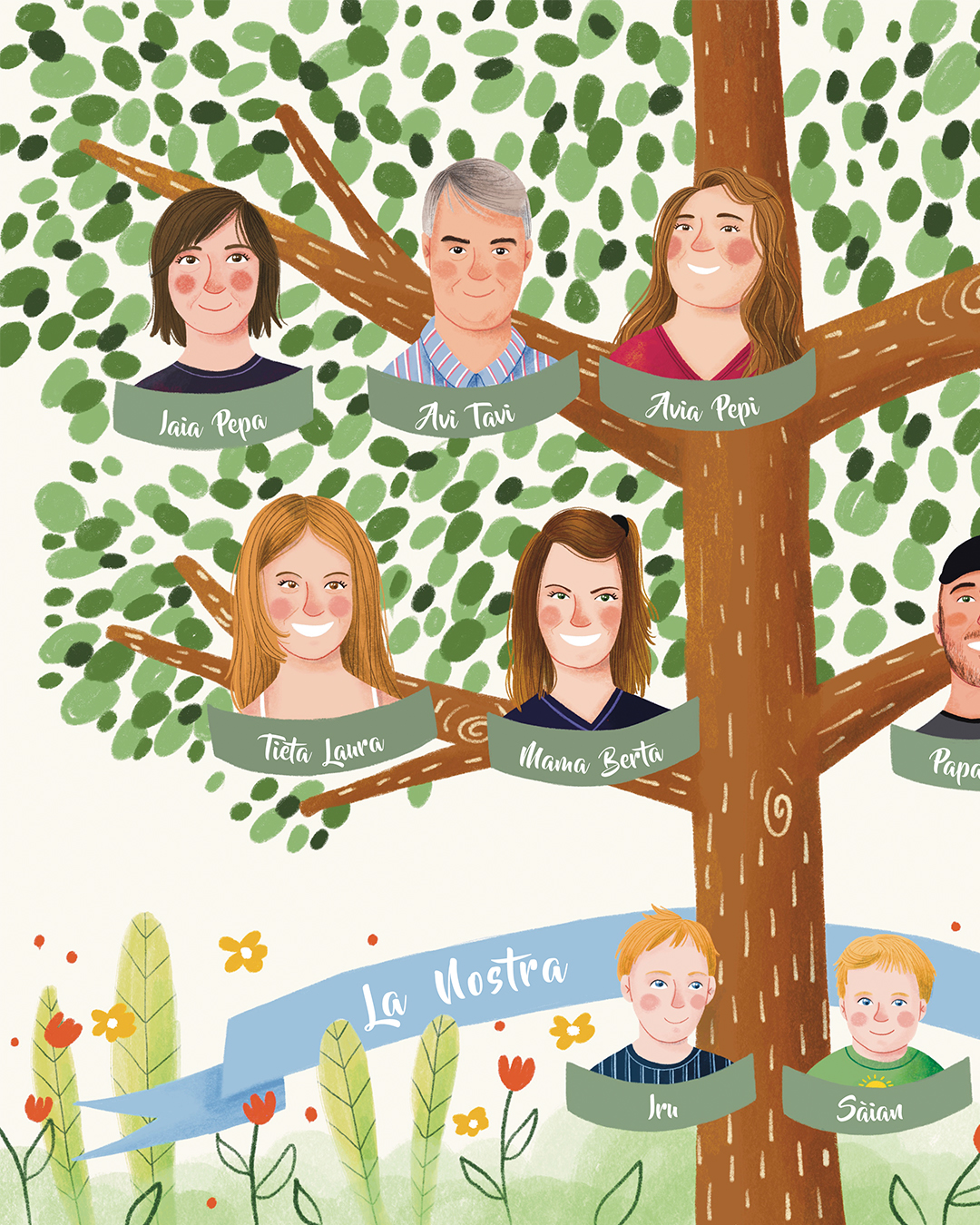 Detalle de arbol genealogico personalizado con retratos pintados a mano
