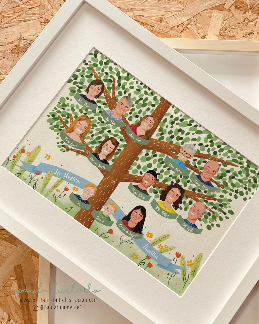 árbol genealógico pintado a mano con retratos en digital familia grande