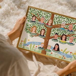 árbol genealógico pintado a mano con retratos en digital