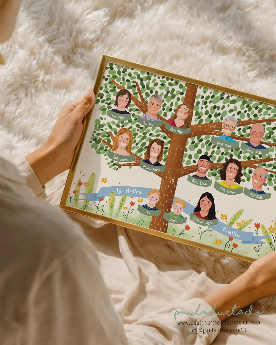 árbol genealógico pintado a mano con retratos en digital