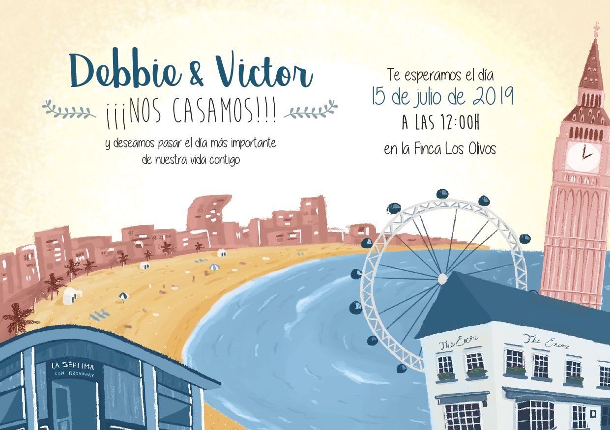 invitación de boda Debbie y Victor con ilustraciones de londres y Las Palmas de Gran Canaria