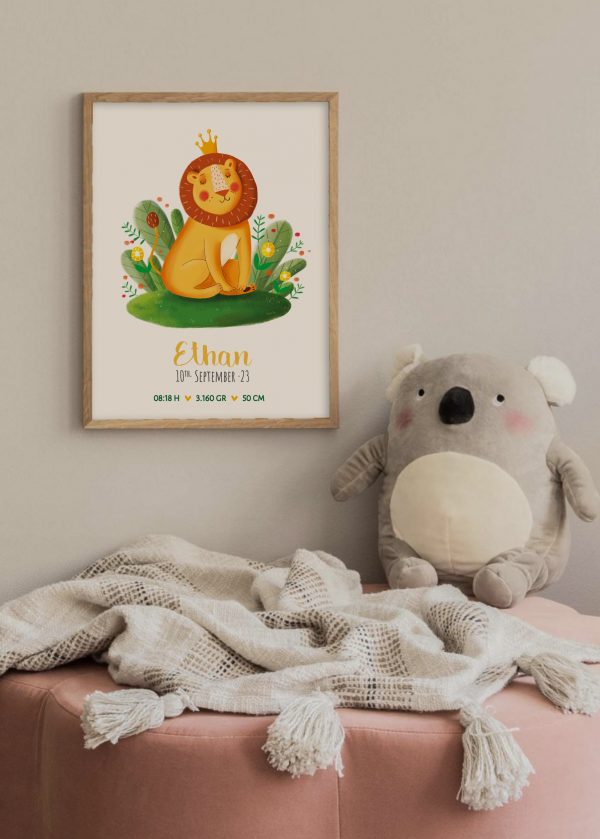 print con datos de nacimiento del recién nacido con ilustración de león
