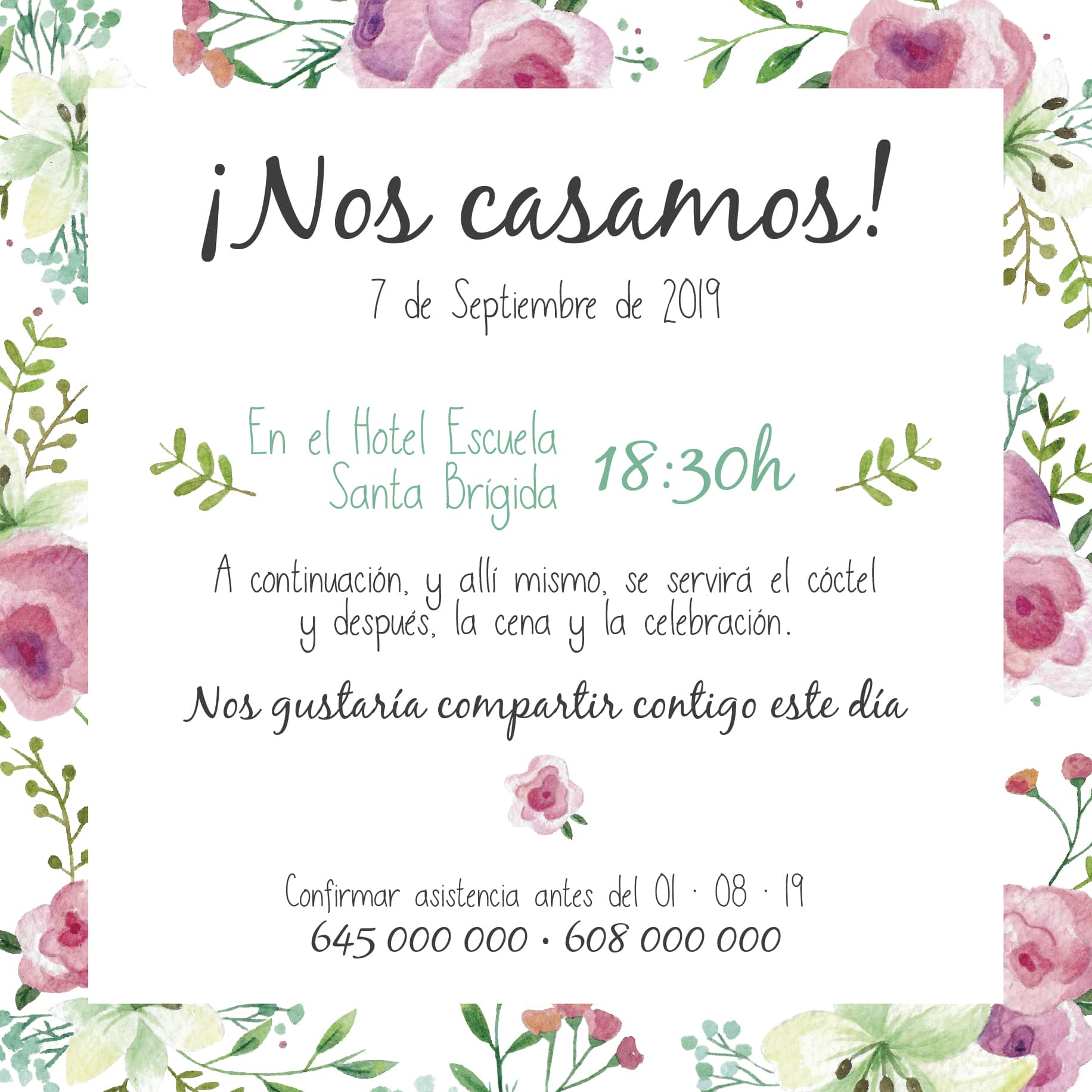 invitación de boda con rosas pintadas a mano con acuarelas