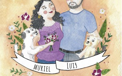 Invitación de boda con retrato de Muriel y Luis