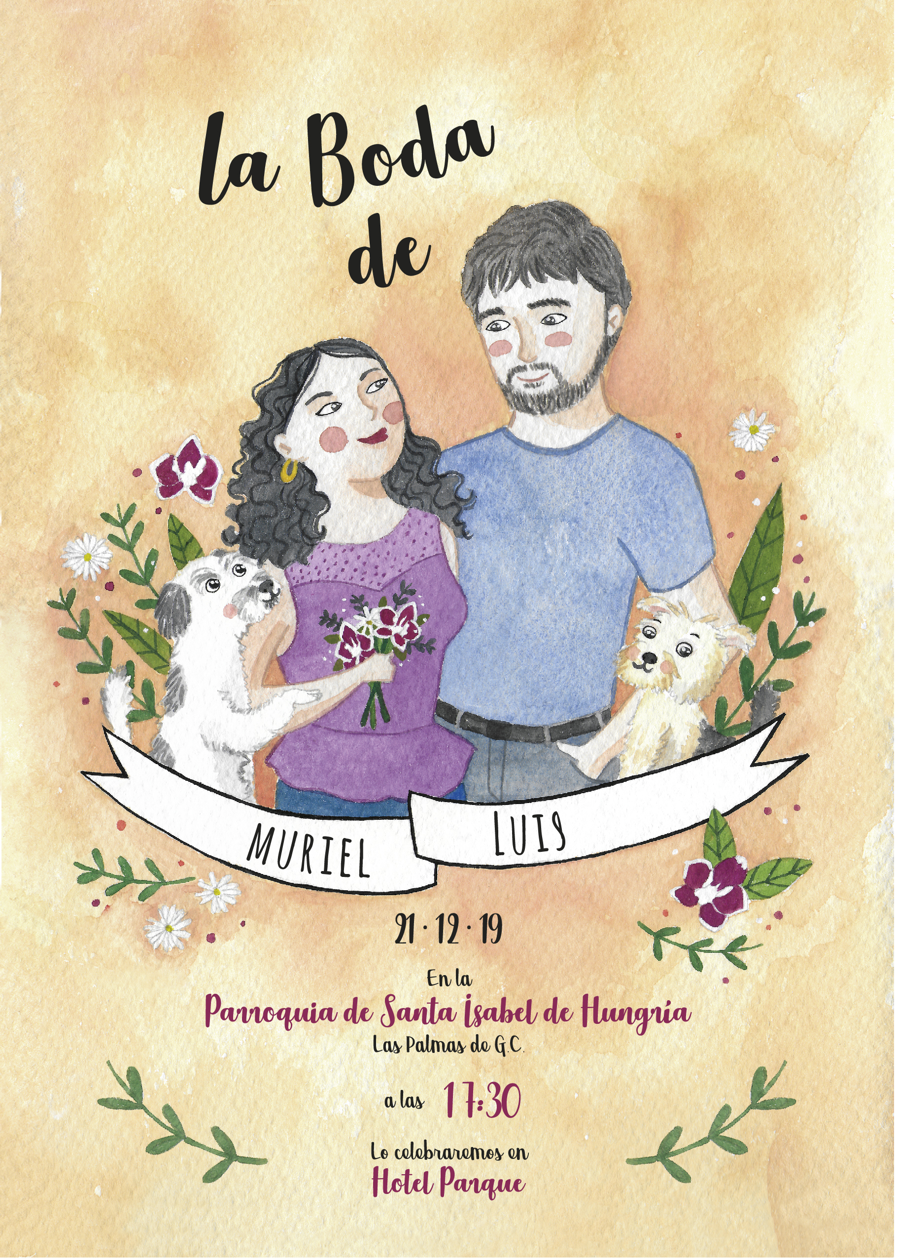 Invitación de boda con retrato de Muriel y Luis
