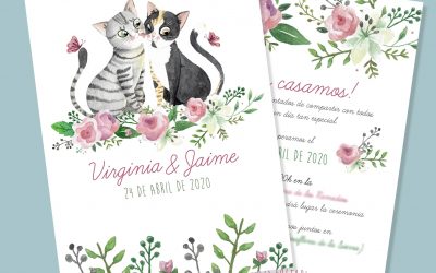 Invitación de boda con retrato de gatos