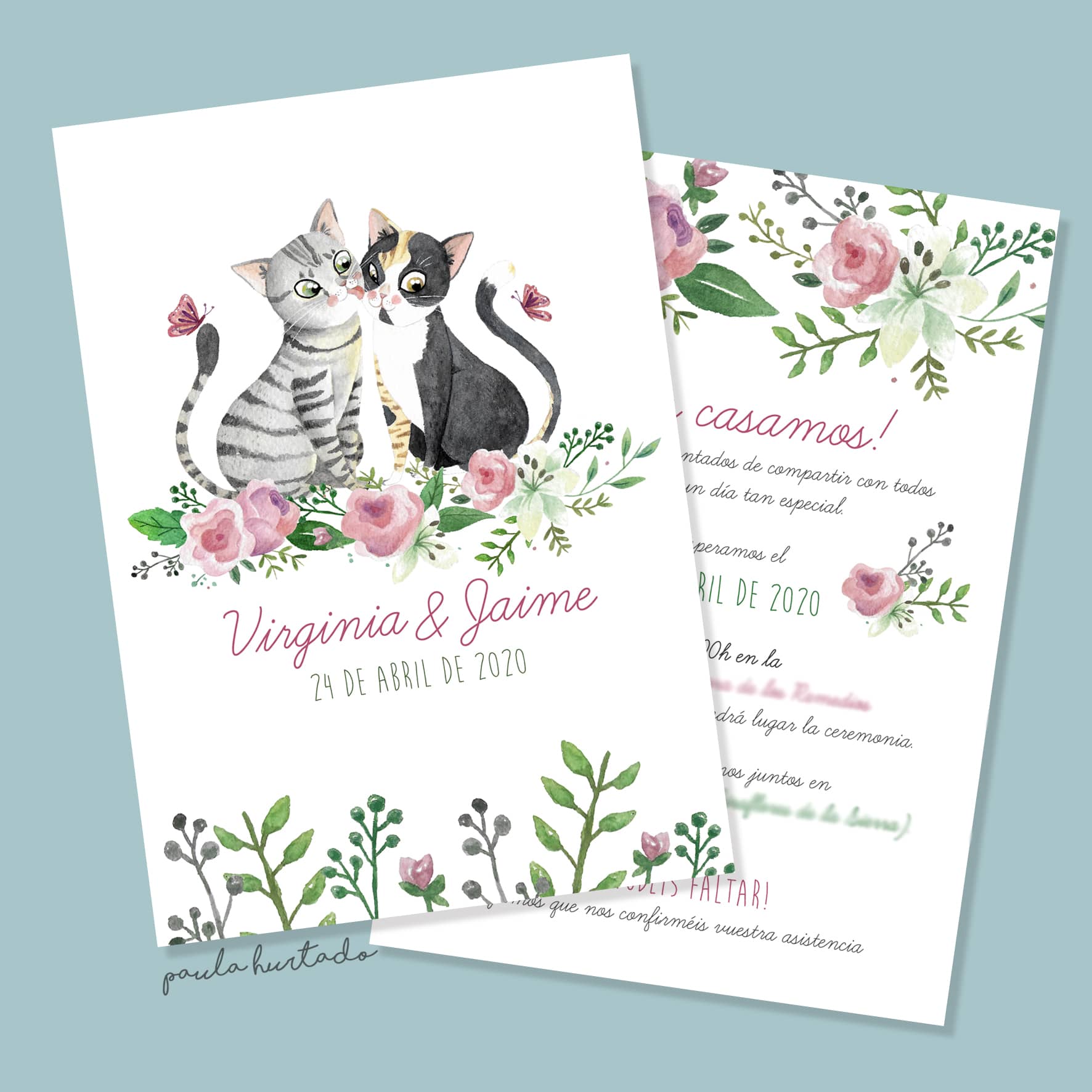 invitación de boda con retrato de gatos