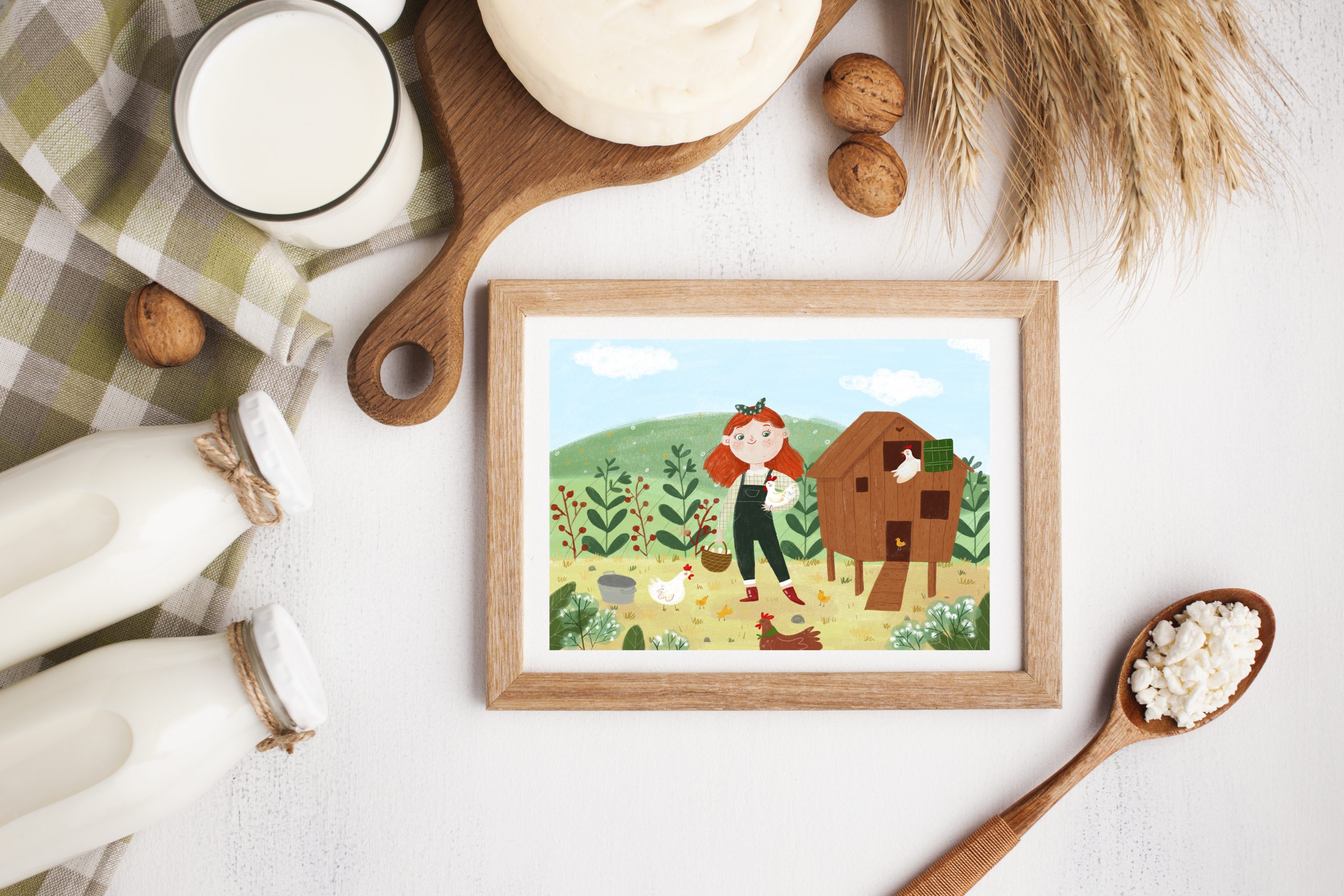 Print granjera con gallinas y pollitos ilustración - Imagen 3