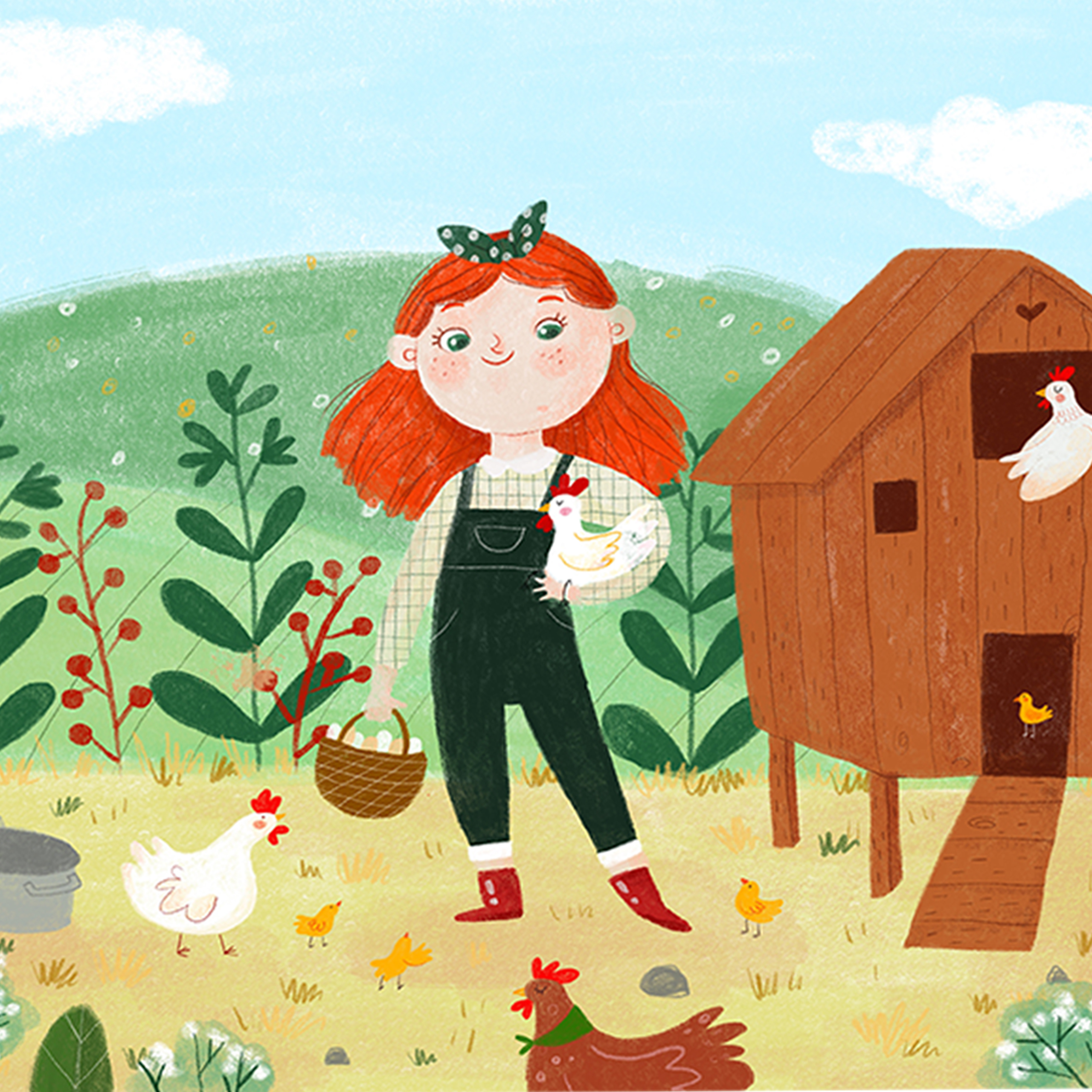 Print granjera con gallinas y pollitos ilustración - Imagen 2