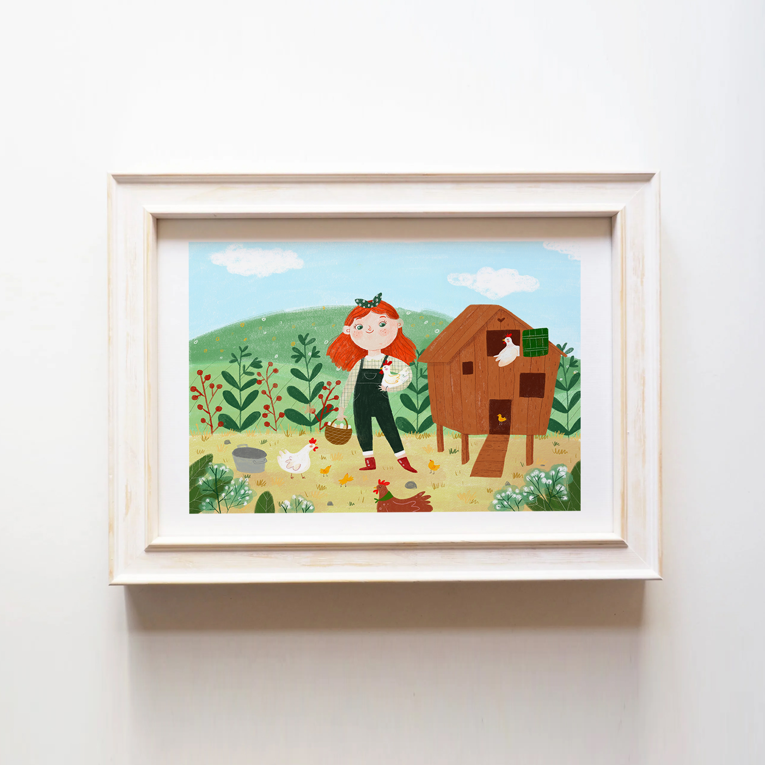 Print granjera con gallinas y pollitos ilustración