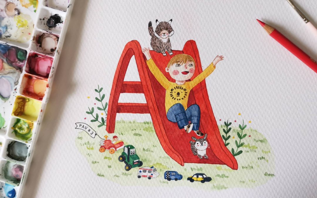 Retrato ilustrado de un niño en su tercer cumpleaños