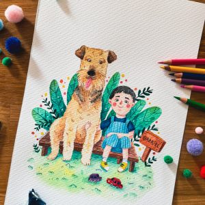 Retrato de Gabriel y su perro pintado a mano