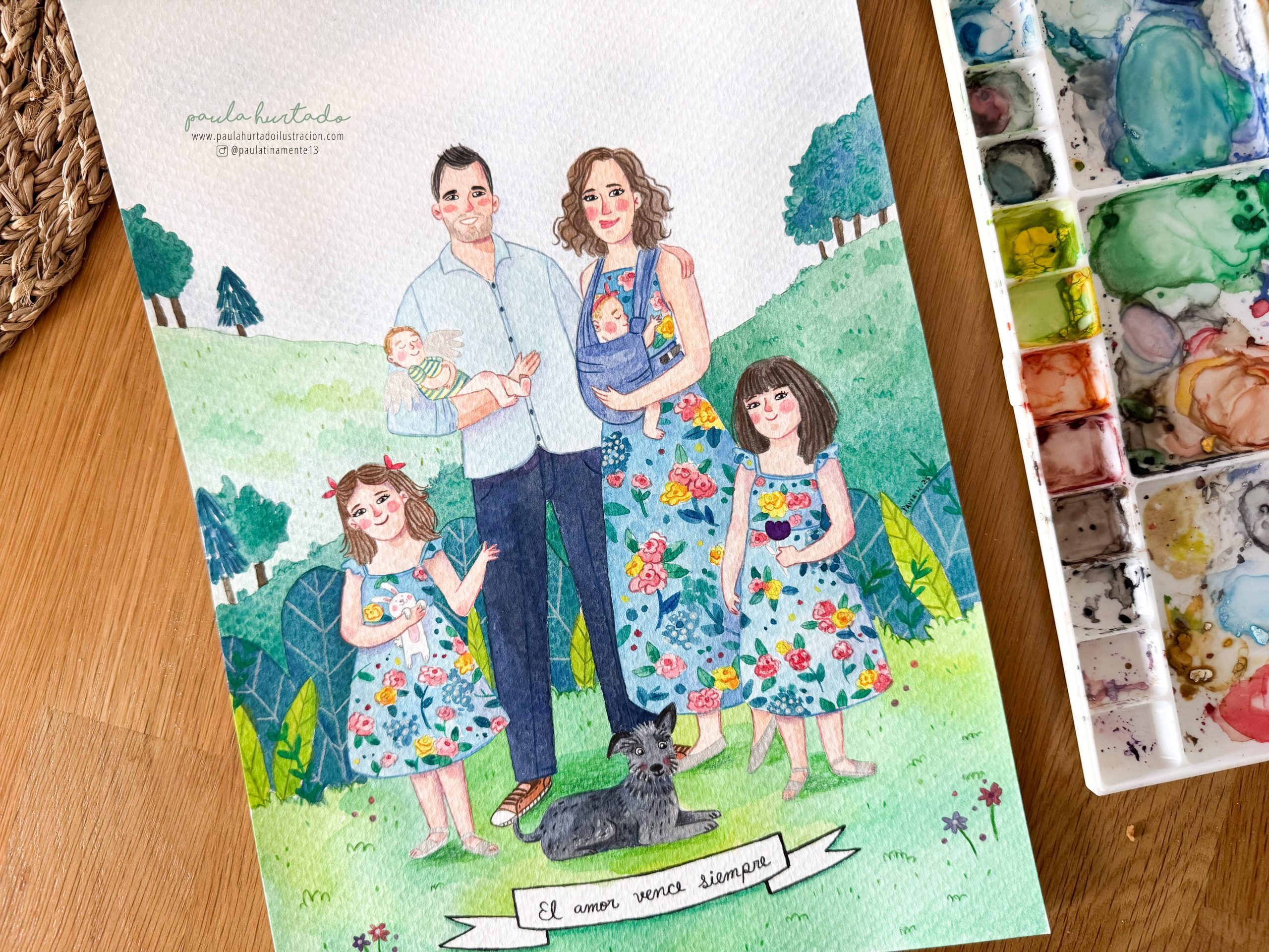 Rretrato familiar de padres, hijas y perra