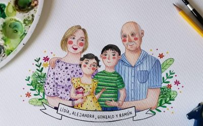 Retrato de abuelos y nietos pintado con acuarelas
