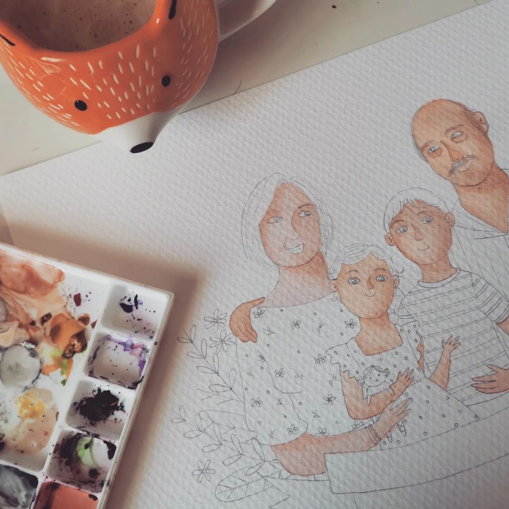 retrato de nietos y abuelos proceso con acuarelas